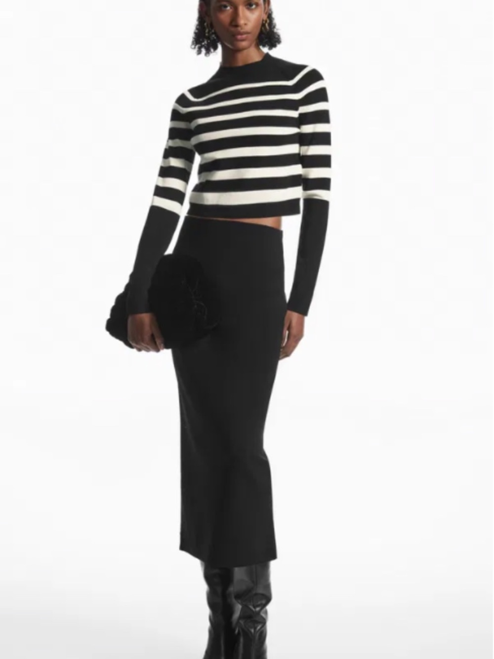 COS Cropped Knitted Mock-Neck Top Size XS Black White Striped (D)